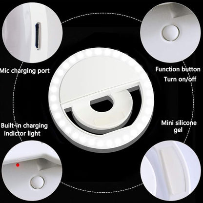 Selfie Ring Light, XINBAOHONG Rechargeable Portable Clip-on Selfie Fill Light with 36 LED for iPhone/Android Smart Phone Photography, Camera Video, Girl Makes up (White)