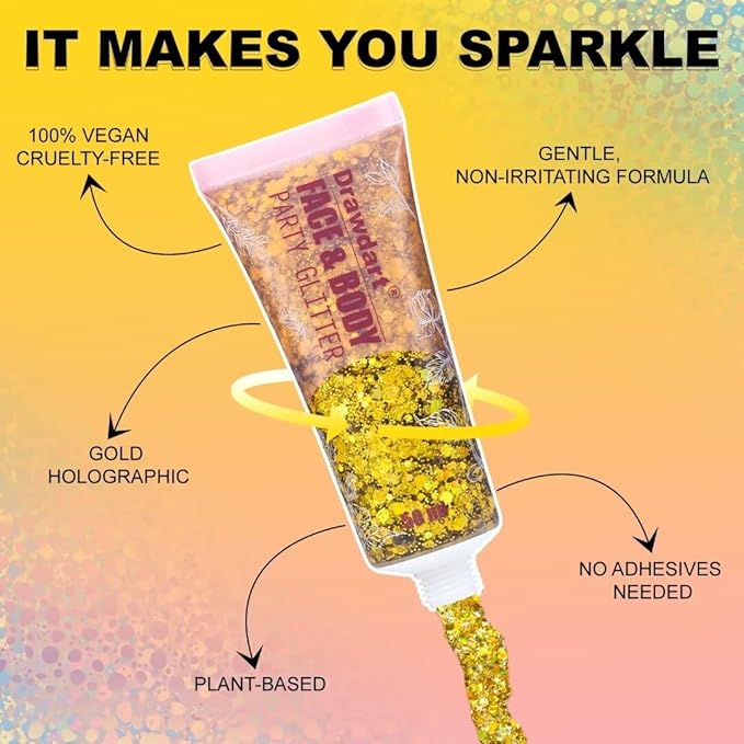 Face Body Glitter Gel, Gold Holographic Glitter Sequin for Face Body Hair,Halloween Festival Party Sparkling Gel Glitter Makeup for Women and Kids,50ml