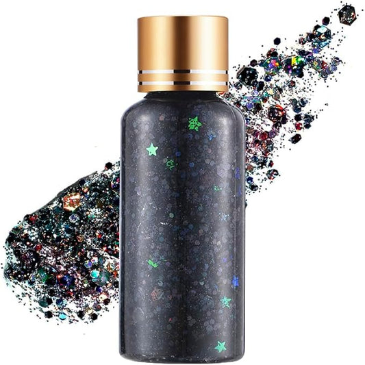 Holographic Body Glitter Gel for Face, Body, Nail, Super Long Lasting Waterproof Quick Dry Liquid Chunky Glitter Eyeshadow for St. Patrick's Day Makeup Accessories, 1oz (Black)