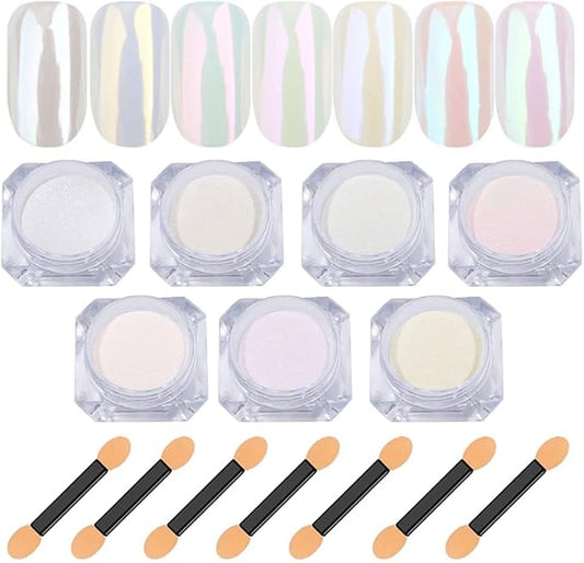 7 Colors White Pearl Chrome Nail Powder Aurora Metallic Nail Powder Holographic Mirror Effect Chrome Powder Iridescent Shell Powder Glitter Nail Art Pigment Manicure for Nails (White Pearl)