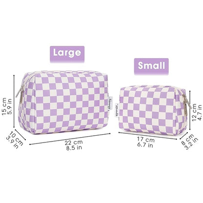 Narwey Checkered Makeup Bag Travel Cosmetic Bag Organizer Toiletry Bag Make Up Bags with Compartments for Women Girls (Large, Purple Checkerboard)
