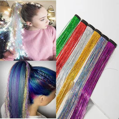 19 Inch Tinsel Hair Extensions 12 Colors Glitter Hair Extension Clip in Gold Sparkling Fairy Hair Tinsel Kit Shiny Highlights Colorful Heat Resistant Hair Accessories for Girls Xmas New Year Party