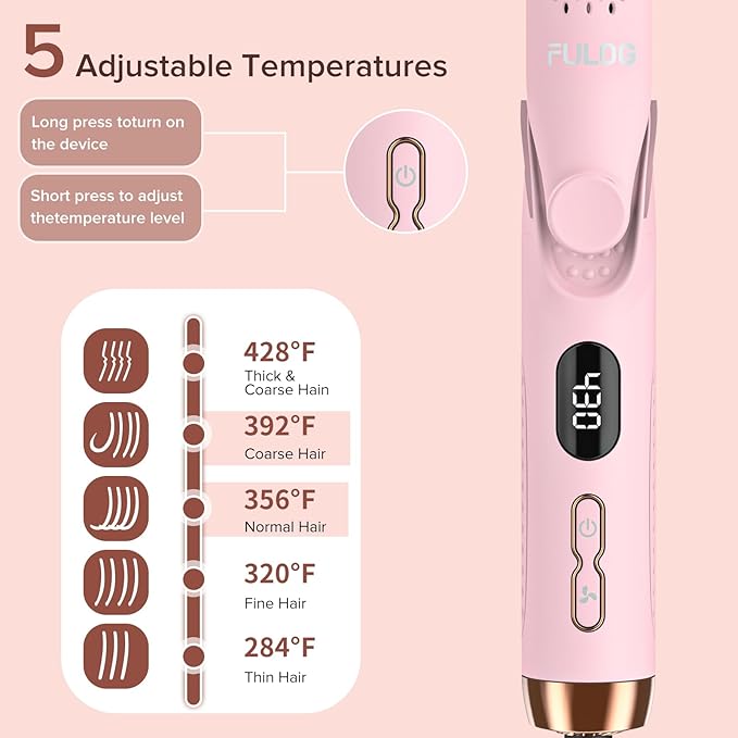 360° Airflow Styler Curling Iron, 1.25 Inch Hair Straightener and Curler 2 in 1, LED Display Curling Flat Iron with Cooling Air Vents to Lock in Style, Adjustable Temp Curling Wand (Pink)