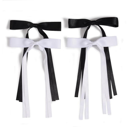 4 PCS Tassel Ribbon Bowknot Hair Clips With Long Tail for Women Girl Teens Kids, Solid Holder Fashion Bow Bowknot Hair Accessories Headwear Barrettes Claw(Black&White)
