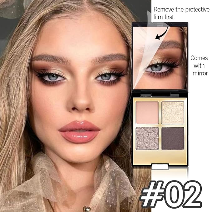 Eyeshadow Quad Makeup Palette – 4 Shades of Nude, Rose, Gold, Brown Tones, Blendable Matte & Shimmer, Long-Lasting Waterproof, Perfect for Mature & Young Women, with Built-In Mirror 02#