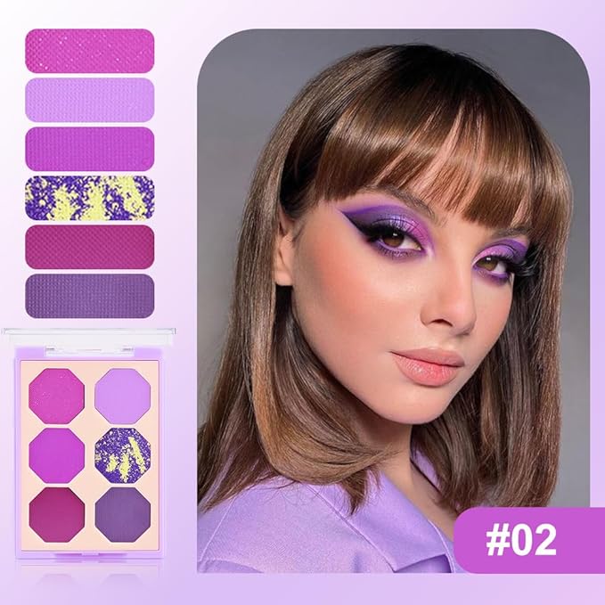 Six Colors Glitter Matte Eyeshadow Palette, Purple Light Purple Violet Midnight Purple Smoky Shimmer Sparkly Eyeshadow Palette Makeup, Prom Eyeshadows Long-Lasting Waterproof Women Girls Eye Shadow 02