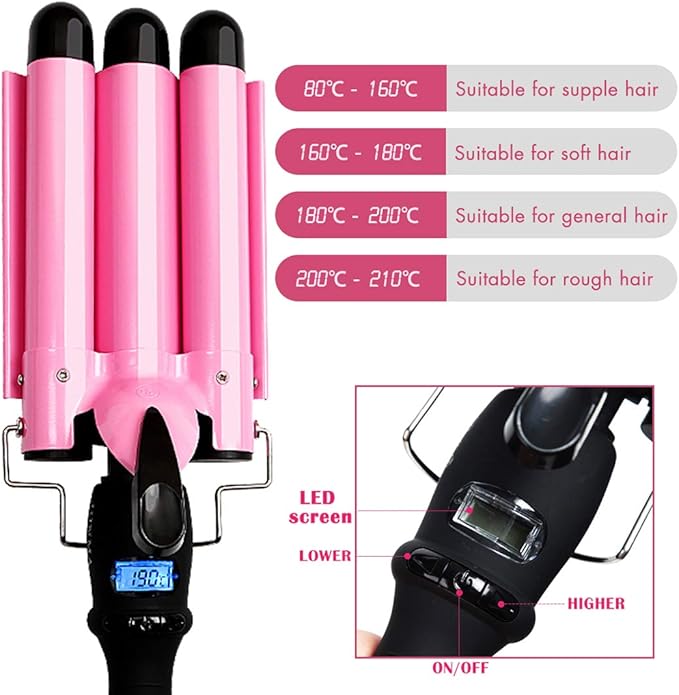 3 Triple Barrel Ceramic Tourmaline Curling Iron Wand with LCD Temperature Display - 1 Inch Crimping Waver, Dual Voltage
