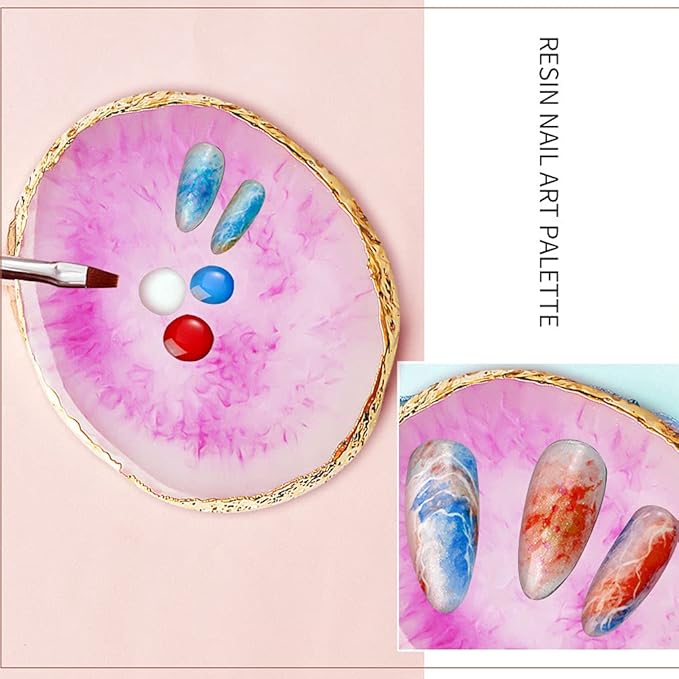 2 Pcs Resin Nail Art Palette, Nail Art Painting Mixed Color Palettes Gold Edge Nail Holder Nail Art Display Board (Purple, White)