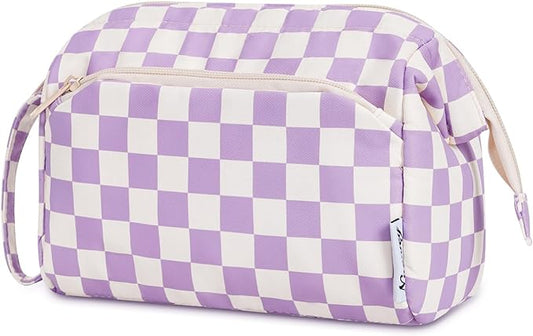 Narwey Checkered Makeup Bag Women Wide-open Make up Bag Travel Cosmetic Bag Organizer Toiletry Bag for Cosmetics Toiletries Accessories (Purple Checkerboard)