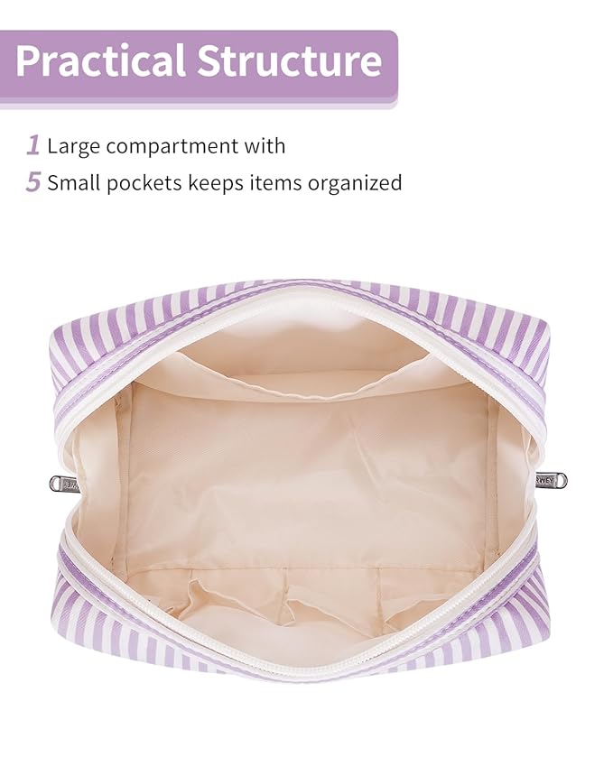 Narwey Striped Makeup Bag Travel Cosmetic Bag Organizer Toiletry Bag Make Up Bags with Compartments for Women Girls (Large, Purple Stripe)