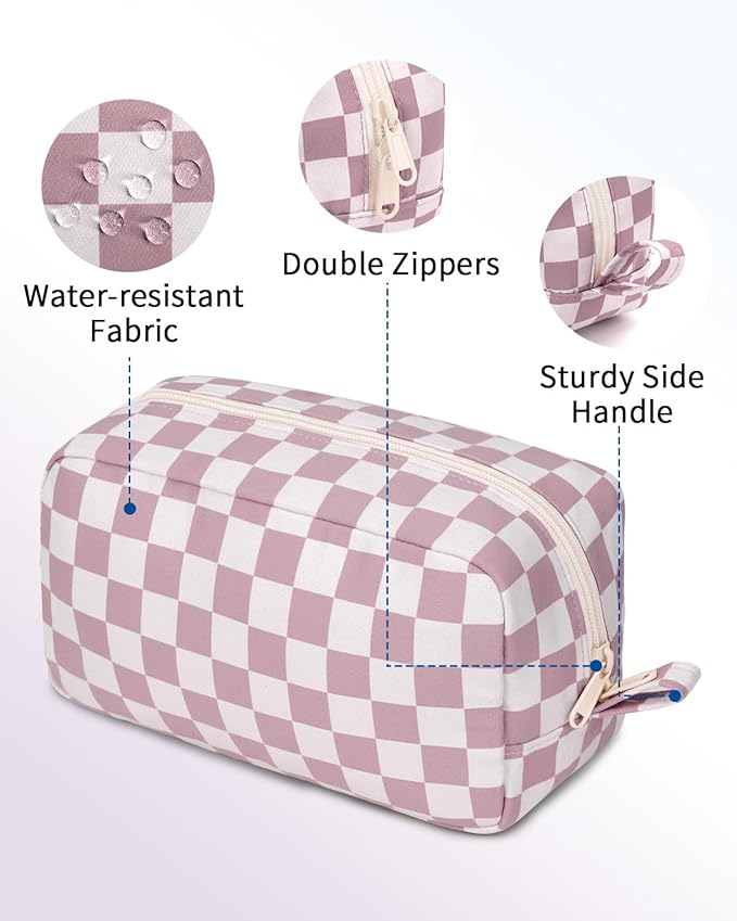 Narwey Checkered Makeup Bag Travel Cosmetic Bag Organizer Small Toiletry Bag Make Up Bags with Organized Pockets for Women (Dusty Rose Checkerboard, Large)