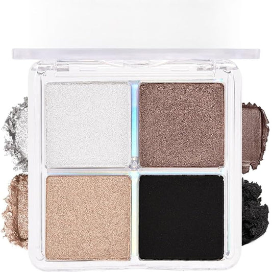 4 Colors Dark Brown Gold Silver Black Eye Shadow Powder Palette Makeup, Neutral Matte Shimmer Cream Quads Eyeshadow Palette for Women Highly Pigmented Waterproof, paleta de sombras de ojos 04
