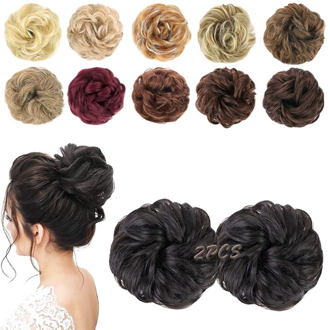 MORICA 2PCS Messy Bun Hair Piece, Fake Hair Messy Bun Scrunchies For Thin Hair Extension Curly Wavy Synthetic Chignon Ponytail Hair Pieces for Women (Black Brown)