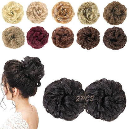 MORICA 2PCS Messy Bun Hair Piece, Fake Hair Messy Bun Scrunchies For Thin Hair Extension Curly Wavy Synthetic Chignon Ponytail Hair Pieces for Women (Black Brown)