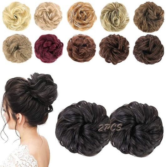 MORICA 2PCS Messy Bun Hair Piece, Fake Hair Messy Bun Scrunchies For Thin Hair Extension Curly Wavy Synthetic Chignon Ponytail Hair Pieces for Women (Black Brown)