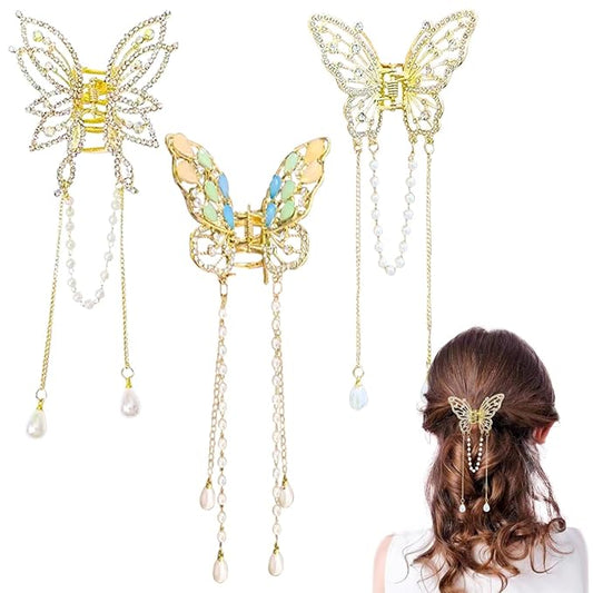 3 Pieces Butterfly Hair Claw Clip With Tassel and Rhinestone - Metal Non-Slip Hair Clamps - Exquisite Styling Accessories for Women and Girls