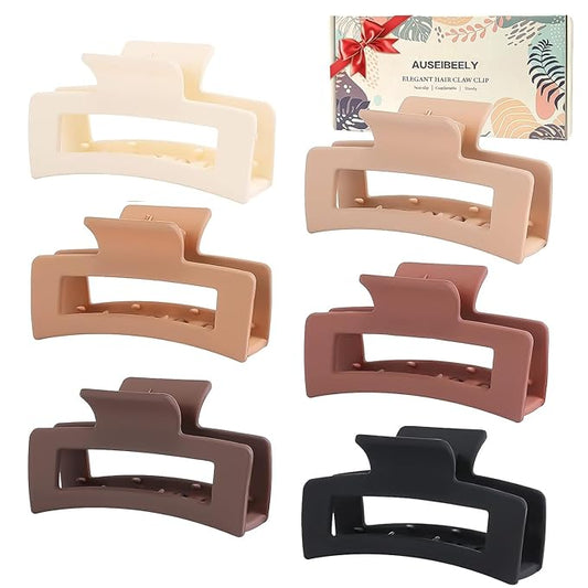 6 Pack Square Claw for Women Girls, 3.5" Medium Non-slip Rectangular Matte Clips Strong Hold Jumbo Hair Styling Accessories, Warm