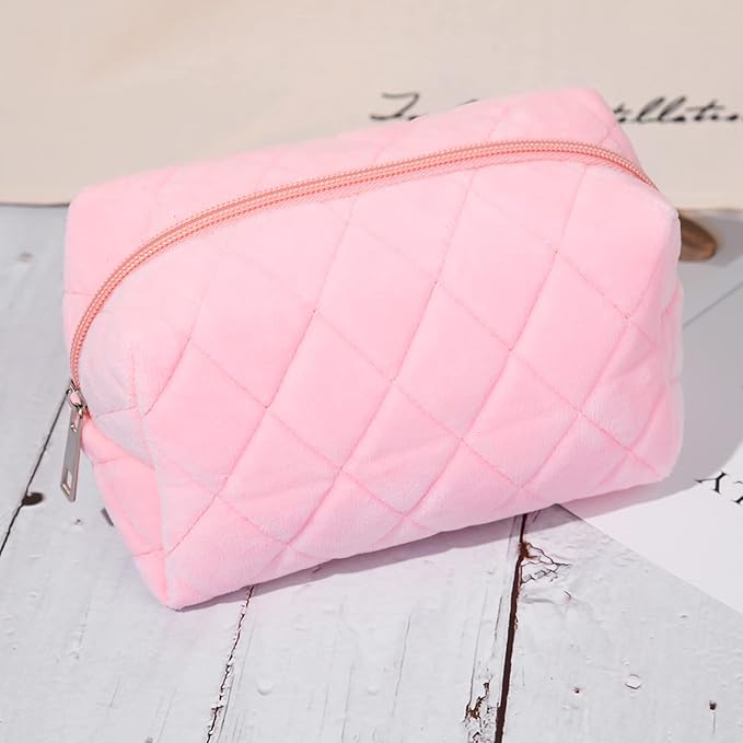 2 Pieces Makeup Bag Checkered Cosmetic Bag Plush Pink White Makeup Pouch Travel Toiletry Bag Organizer Cute Makeup Brushes Storage Bag for Women