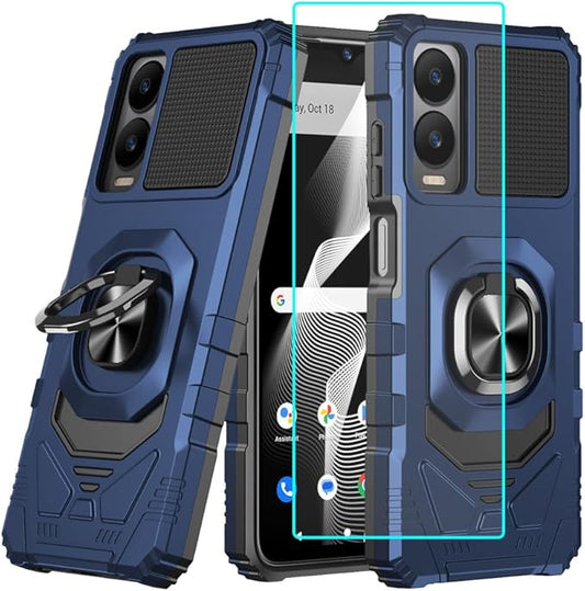 for Cricket Icon 6 / ATT Verge Case with 1 Pack Screen Protector,Dual Layer Hybrid Heavy Duty Defender Protection,Sleek Rugged Reinforced Cushion Corner Kickstand Shockproof Bumper Cover Blue