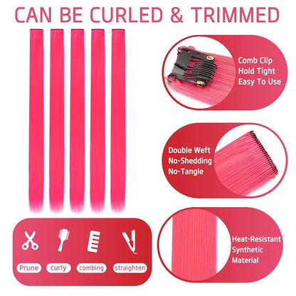 20 Inch Colored Hair Extensions Party Highlights Straight Colorful Clip In Hair Extensions Synthetic Rainbow Hairpieces for Girls Kids Gift(10Pcs Pink)