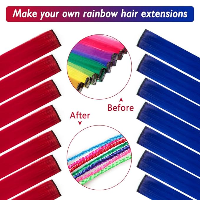 14 PCS Colored Clip In Hair Extensions 20 Inch Colorful Party Highlights Clip In Straight Rainbow Hairpieces, Halloween Cosplay Christmas New Year Gift For Women Kids Girls(Red, Blue-14Pcs)
