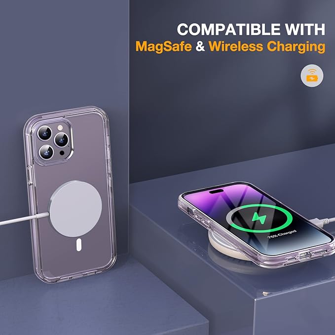 Miracase Magnetic for iPhone 14 Pro Case, [Compatible with MagSafe] [Built-in Tempered Glass Screen Protector] Full-Body Rugged Protective Case with Camera Lens Protector, Crystal Clear