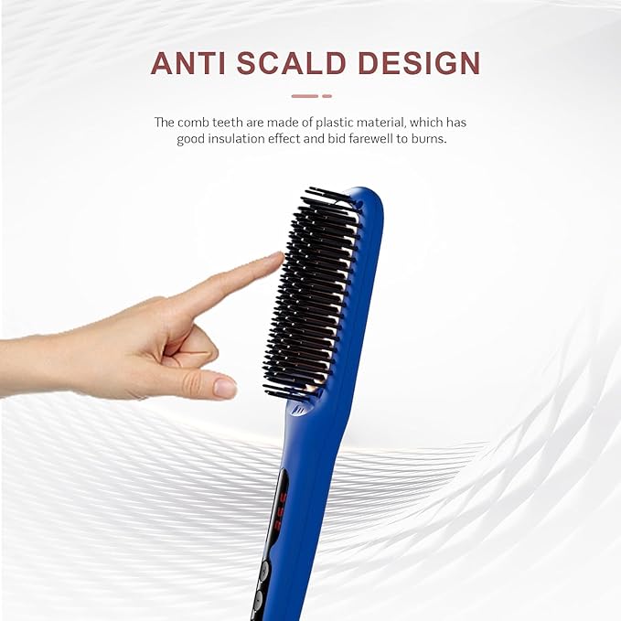 MEGAWISE Pro Ceramic Ionic Hair Straightener Brush for Home Salon, Straightening Hair Brush with 20s Heating Tech, Auto-Off, Anti-Scald with Universal Dual Voltage,Rotatable Power Cord, Gentian Blue