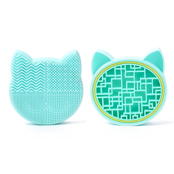 Silicon Makeup Brush Cleaner Mat with Portable Cat Shaped Cosmetic Brush Cleaning Pad Holder - Light Green