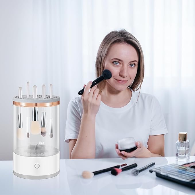 Electric Makeup Brush Cleaner Machine, 2 in 1 Cosmetic Brush Cleaner with Cleaner Mat, Automatic Spinning Washer Combined for All Size Makeup Brushes & Sponges, Beauty Cleaning Tool Gifts for Women