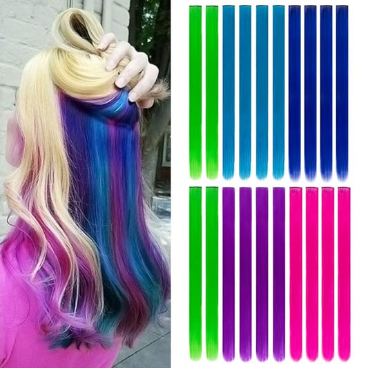 20 Packs Colored Hair Extensions 20Inch Straight Multi-5Colors Party Highlights Clip In Hair Extension Synthetic Rainbow Hairpieces for Girls Kids Gift(Blue,Dark blue,Grass Green,Purple,Rose Red)