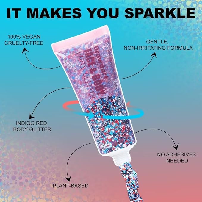 USA Flag Pride Body Glitter,4th of July Hair Glitter Gel,Festival Rave Glitter Face Makeup,Sparkling Chunky Body Glitters,Independence Day Patriotic Accessories,50ml