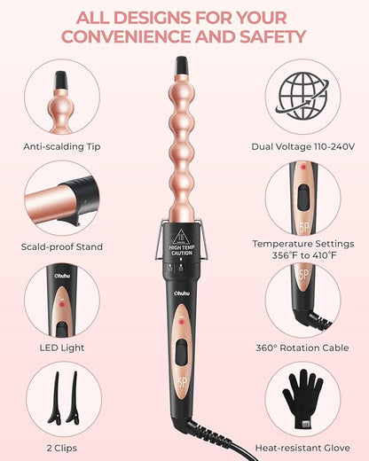 5 in 1 Curling Wand Set: Ohuhu Curling Iron Wand 5Pcs 0.35 to 1.25 Inch Interchangeable Ceramic Barrel Heat Protective Glove 2 Clips Dual Voltage Hair Curler for Women Girl Mother's Day Gift Rose Gold