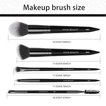 5pcs Basic Makeup Brushes- Portable Face and Eye Set for Powder, Blush, Bronzer, Eyeshadow, and Eyebrow - Travel Friendly Brush Kit -Perfect for Daily Make up and On the Go Touch-Ups (Black)