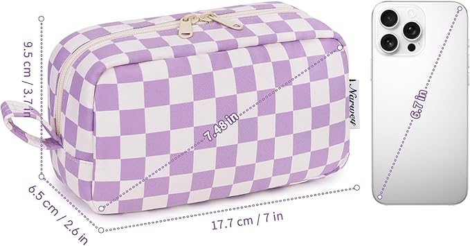 Narwey Small Checkered Makeup Bag for Purse Travel Makeup Pouch Mini Cosmetic Bag Zipper Pouch for Women (Purple Checkerboard, Small)