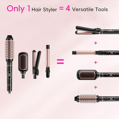 Nicebay Hair Straightening Brush Set with Thermal Brush Flat Iron, 1 Inch Ceramic Curling Iron, 5 Adjustable Temps Professional Fast Heat with Glove, Dual Voltage for Travel, Women Gifts