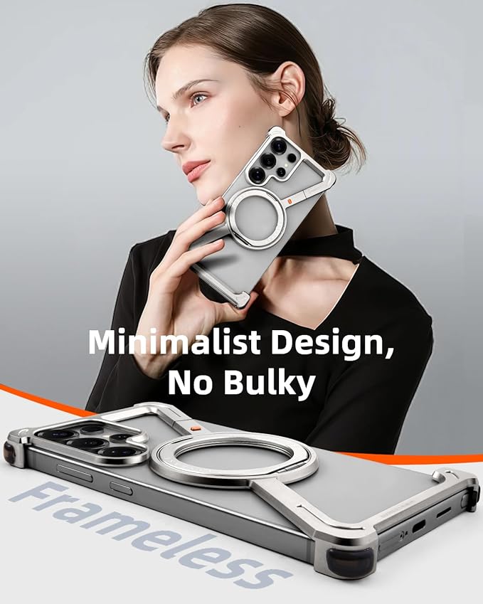 OATSBASF Minimalist Phone Case Compatible with Samsung Galaxy S25 Ultra, 360° Rotation Kickstand Aluminum Metal Frameless Design Bumper Case, Protective Shock Grade Shell, Natural Titanium