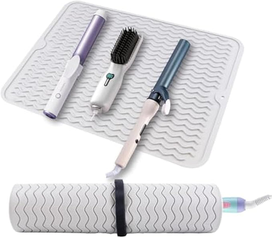 Oversize Silicone Heat Resistant Mat, Heat Mat with Velcro for Curling Iron, Travel Cover Cushion for Curling Irons, Hair Bands and Styling Tools(15.7" X 11.8")