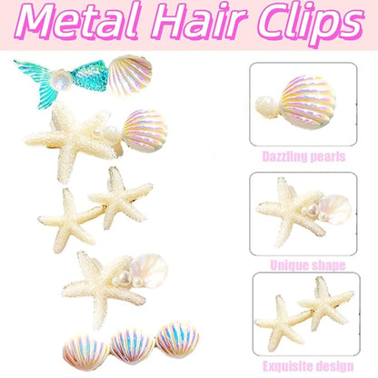 5 Pcs Starfish Seashell Hair Clips Mermaid Costume Pearl Beach Ocean Hair Accessories Women and Girls （Off-white）