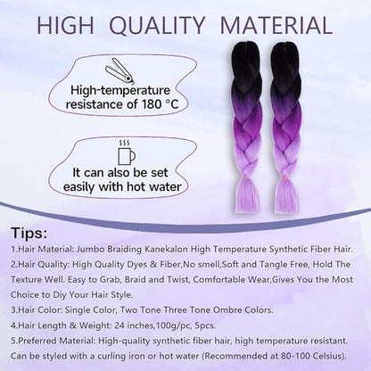 Ombre Braiding hair synthetic Crochet braids twist 24inch 5pcs/lot 100g Ombre two three tone Jumbo braid hair extensions Dreadlocks (black-purple-lavender)