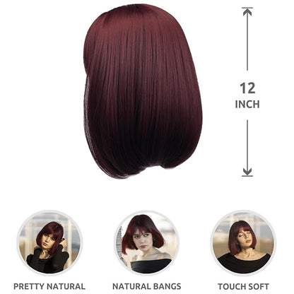 Onpep Bob Wig with Bangs Wine Red Short Straight Wigs for Women Burgundy Shoulder Length Heat Resistant Synthetic Wigs