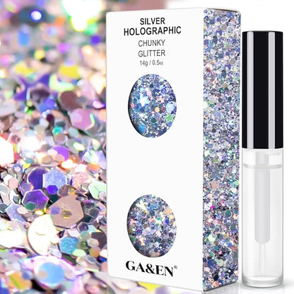 Silver Holographic Chunky Glitter Cosmetic Body Hair Face Eye Nail for Festival Carnival Concert Party Beauty Rave Accessories Different Sizes&Shapes 2 Pots 14g/0.5oz+ Quick Dry Primer Glue Gel