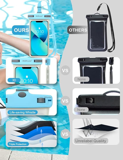 wellhouse Waterproof Phone Pouch, Waterproof Phone Case for iPhone 16 15 14 13 12 Pro Max XS Samsung, IPX8 3D Cellphone Dry Bag Beach Essentials (1 Pack - Luminous Light Blue7.0, 7 inch)