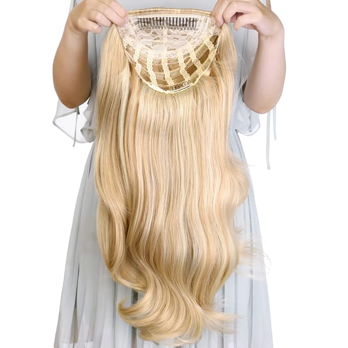 24 Inch Blond Wavy 3/4 Half Wig Long lightest Synthetic Hair Extensions Capless Wigs Hair Clips Extension For Women 210g（24“ #5）