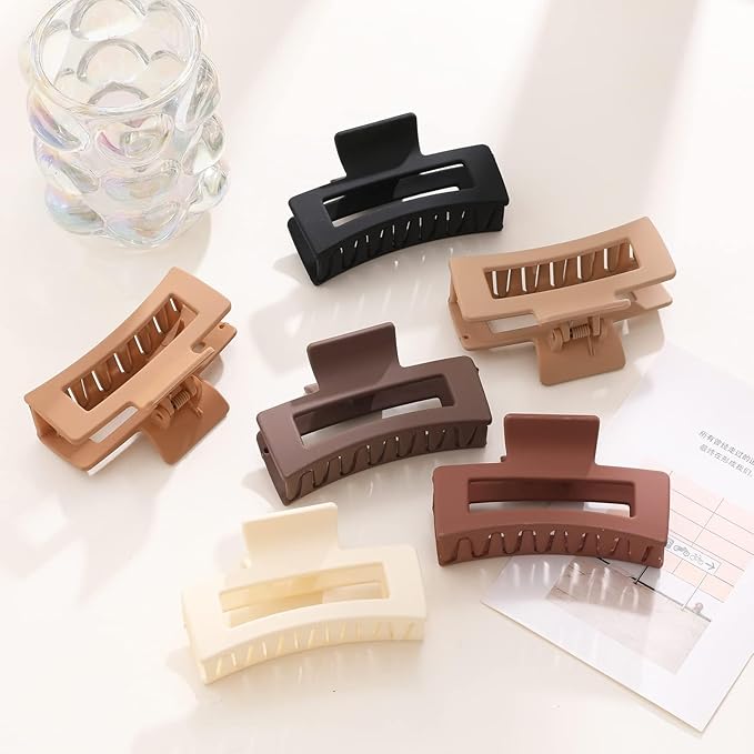 6 Pack Square Claw for Women Girls, 3.5" Medium Non-slip Rectangular Matte Clips Strong Hold Jumbo Hair Styling Accessories, Warm