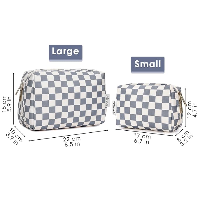 Narwey Checkered Makeup Bag Travel Cosmetic Bag Organizer Toiletry Bag Make Up Bags with Compartments for Women Girls (Large, Grayish Blue Checkerboard)
