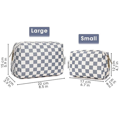 Narwey Checkered Makeup Bag Travel Cosmetic Bag Organizer Toiletry Bag Make Up Bags with Compartments for Women Girls (Large, Grayish Blue Checkerboard)