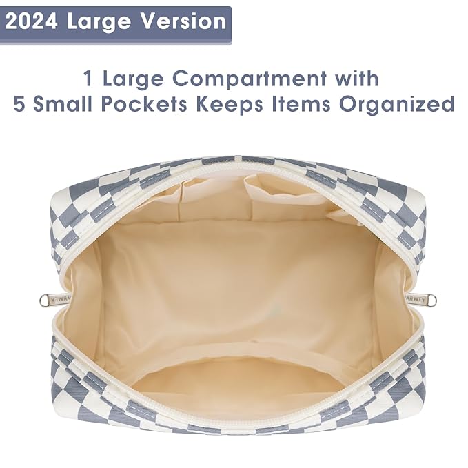 Narwey Checkered Makeup Bag Travel Cosmetic Bag Organizer Toiletry Bag Make Up Bags with Compartments for Women Girls (Large, Grayish Blue Checkerboard)