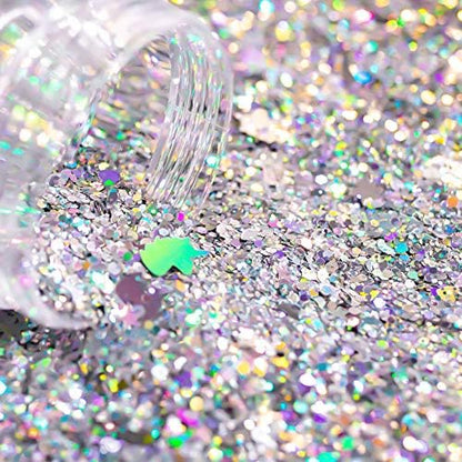 Silver Holographic Chunky Glitter Cosmetic Body Hair Face Eye Nail for Festival Carnival Concert Party Beauty Rave Accessories Different Sizes&Shapes 2 Pots 14g/0.5oz+ Quick Dry Primer Glue Gel