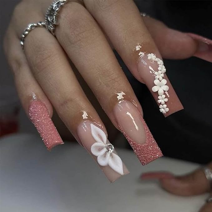 Nail Art Charms 3D Flower Nail Charms for Acrylic Nails White Gold Nail Art Supplies Luxurious Gems Rhinestones Pearls Design Nail Accessories for Women and Girls Nail Decorations.