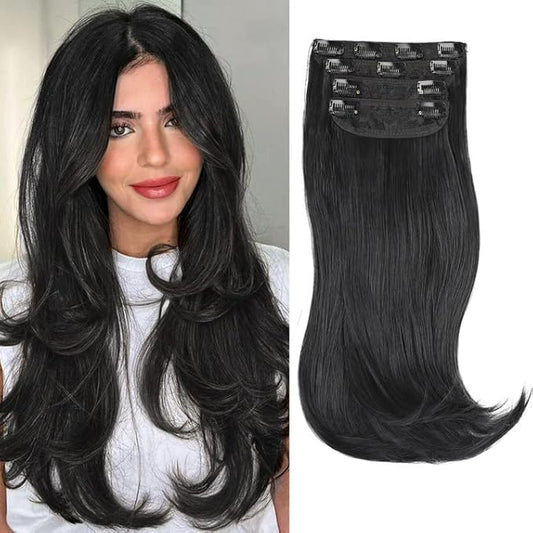 20 Inch Black Hair Extensions Straight Layered Clip in Hair Extensions for Women Synthetic Heat Resistant